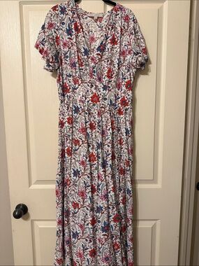 LOFT White Floral V-Neck Maxi Dress with Red, Blue & Pink Flowers